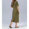 image:imagechouyatou Womens Button Up Polo Collar Denim Shirt Dress Drawstring Waist Back Slit Jean Midi Long Dress with PocketsArmy Green