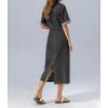 image:imagechouyatou Womens Button Up Polo Collar Denim Shirt Dress Drawstring Waist Back Slit Jean Midi Long Dress with PocketsBlack Gray