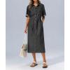 image:imagechouyatou Womens Button Up Polo Collar Denim Shirt Dress Drawstring Waist Back Slit Jean Midi Long Dress with PocketsBlack Gray