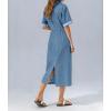 image:imagechouyatou Womens Button Up Polo Collar Denim Shirt Dress Drawstring Waist Back Slit Jean Midi Long Dress with PocketsBlue