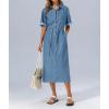 image:imagechouyatou Womens Button Up Polo Collar Denim Shirt Dress Drawstring Waist Back Slit Jean Midi Long Dress with PocketsBlue