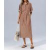image:imagechouyatou Womens Button Up Polo Collar Denim Shirt Dress Drawstring Waist Back Slit Jean Midi Long Dress with PocketsBrown
