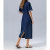 image:imagechouyatou Womens Button Up Polo Collar Denim Shirt Dress Drawstring Waist Back Slit Jean Midi Long Dress with PocketsDark Blue