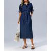 image:imagechouyatou Womens Button Up Polo Collar Denim Shirt Dress Drawstring Waist Back Slit Jean Midi Long Dress with PocketsDark Blue
