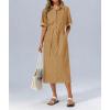 image:imagechouyatou Womens Button Up Polo Collar Denim Shirt Dress Drawstring Waist Back Slit Jean Midi Long Dress with PocketsKhaki