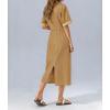 image:imagechouyatou Womens Button Up Polo Collar Denim Shirt Dress Drawstring Waist Back Slit Jean Midi Long Dress with PocketsKhaki