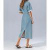 image:imagechouyatou Womens Button Up Polo Collar Denim Shirt Dress Drawstring Waist Back Slit Jean Midi Long Dress with PocketsLight Blue