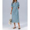 image:imagechouyatou Womens Button Up Polo Collar Denim Shirt Dress Drawstring Waist Back Slit Jean Midi Long Dress with PocketsLight Blue
