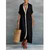 image:imagechouyatou Womens Contrast Color Button Down Shirt Dress Short Sleeve Cotton Linen Casual Loose Beach Long Maxi DressBlack
