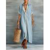 image:imagechouyatou Womens Contrast Color Button Down Shirt Dress Short Sleeve Cotton Linen Casual Loose Beach Long Maxi DressBlue