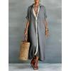 image:imagechouyatou Womens Contrast Color Button Down Shirt Dress Short Sleeve Cotton Linen Casual Loose Beach Long Maxi DressGray