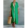 image:imagechouyatou Womens Contrast Color Button Down Shirt Dress Short Sleeve Cotton Linen Casual Loose Beach Long Maxi DressGreen
