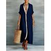 image:imagechouyatou Womens Contrast Color Button Down Shirt Dress Short Sleeve Cotton Linen Casual Loose Beach Long Maxi DressNavy