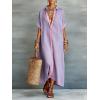 image:imagechouyatou Womens Contrast Color Button Down Shirt Dress Short Sleeve Cotton Linen Casual Loose Beach Long Maxi DressPurple