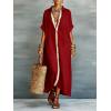 image:imagechouyatou Womens Contrast Color Button Down Shirt Dress Short Sleeve Cotton Linen Casual Loose Beach Long Maxi DressRed