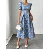 image:imagechouyatou Womens Cute Puff Short Sleeve Floral Printed Midi Long Dress Boho A Line Swing Vacation Party DressesBlue