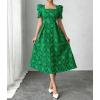 image:imagechouyatou Womens Cute Puff Short Sleeve Floral Printed Midi Long Dress Boho A Line Swing Vacation Party DressesGreen