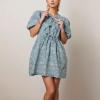 image:imagechouyatou Womens Elegant Floral Denim Dress Tie Knot Puff Sleeve Jean Mini Short Dress with PocketsBlue