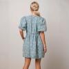 image:imagechouyatou Womens Elegant Floral Denim Dress Tie Knot Puff Sleeve Jean Mini Short Dress with PocketsBlue