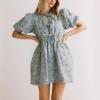 image:imagechouyatou Womens Elegant Floral Denim Dress Tie Knot Puff Sleeve Jean Mini Short Dress with PocketsBlue