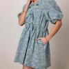 image:imagechouyatou Womens Elegant Floral Denim Dress Tie Knot Puff Sleeve Jean Mini Short Dress with PocketsBlue