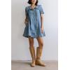 image:imagechouyatou Womens Leopard Print Short Sleeve Denim Dress Button Down Peter Pan Collar Midi Jean DressBlue