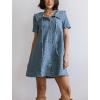image:imagechouyatou Womens Leopard Print Short Sleeve Denim Dress Button Down Peter Pan Collar Midi Jean DressBlue