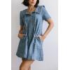 image:imagechouyatou Womens Leopard Print Short Sleeve Denim Dress Button Down Peter Pan Collar Midi Jean DressBlue