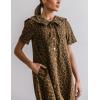 image:imagechouyatou Womens Leopard Print Short Sleeve Denim Dress Button Down Peter Pan Collar Midi Jean DressBrown