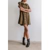 image:imagechouyatou Womens Leopard Print Short Sleeve Denim Dress Button Down Peter Pan Collar Midi Jean DressBrown