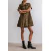image:imagechouyatou Womens Leopard Print Short Sleeve Denim Dress Button Down Peter Pan Collar Midi Jean DressBrown