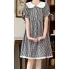 image:imagechouyatou Womens Retro Plaid Button Up Babydoll Mini Dress Short Sleeve Lace Ruffle Lapel Collared Gingham DressBlack
