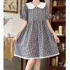 image:imagechouyatou Womens Retro Plaid Button Up Babydoll Mini Dress Short Sleeve Lace Ruffle Lapel Collared Gingham DressBlack