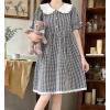 image:imagechouyatou Womens Retro Plaid Button Up Babydoll Mini Dress Short Sleeve Lace Ruffle Lapel Collared Gingham DressBlack