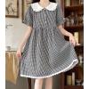 image:imagechouyatou Womens Retro Plaid Button Up Babydoll Mini Dress Short Sleeve Lace Ruffle Lapel Collared Gingham DressBlack