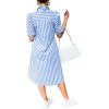 image:imagechouyatou Womens Summer Puff Short Sleeve Striped Shirt Dress Button Down Lapel Midi Long Shift Dress with PocketsBlue