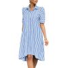image:imagechouyatou Womens Summer Puff Short Sleeve Striped Shirt Dress Button Down Lapel Midi Long Shift Dress with PocketsBlue