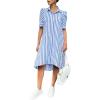 image:imagechouyatou Womens Summer Puff Short Sleeve Striped Shirt Dress Button Down Lapel Midi Long Shift Dress with PocketsBlue