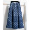 image:imagechouyatou Womens Vintage Floral Print Denim Skirt High Elastic Waist A Line Pleated Midi Long Jean Skirt with PocketsDark Blue