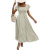 image:imageCHOUYATOU Womens Boho Striped Smocked Maxi Dress Sexy Flutter Sleeve Flowy Swing Long Dress with PocketsArmy Green