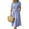 image:imageCHOUYATOU Womens Summer Boho Belted Striped Shirt Dress Casual Loose Short Sleeve Midi Long Beach DressBlue