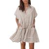 image:imagechouyatou Women Summer Beach Short Sleeve Striped Shirt Dress Button Down Tiered Mini Tunic Babydoll DressCoffee
