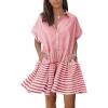 image:imagechouyatou Women Summer Beach Short Sleeve Striped Shirt Dress Button Down Tiered Mini Tunic Babydoll DressRed