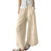 image:imagechouyatou Women Summer Floral Eyelet Lace Wide Leg Pants Boho Casual Cotton Palazzo Beach Pants TrousersLight Khaki