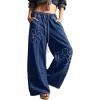 image:imagechouyatou Womens Boho Floral Wide Leg Jeans Y2k Distressed Fringe Baggy Jeans Denim Culotte Palazzo Pants TrousersDark Blue