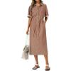 image:imagechouyatou Womens Button Up Polo Collar Denim Shirt Dress Drawstring Waist Back Slit Jean Midi Long Dress with PocketsBrown