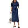 image:imagechouyatou Womens Button Up Polo Collar Denim Shirt Dress Drawstring Waist Back Slit Jean Midi Long Dress with PocketsDark Blue