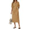 image:imagechouyatou Womens Button Up Polo Collar Denim Shirt Dress Drawstring Waist Back Slit Jean Midi Long Dress with PocketsKhaki