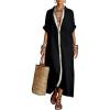image:imagechouyatou Womens Contrast Color Button Down Shirt Dress Short Sleeve Cotton Linen Casual Loose Beach Long Maxi DressBlack