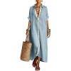 image:imagechouyatou Womens Contrast Color Button Down Shirt Dress Short Sleeve Cotton Linen Casual Loose Beach Long Maxi DressBlue
